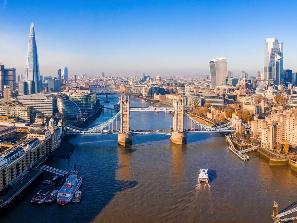 London skyline looking west across the Thames towards Tower Bridge