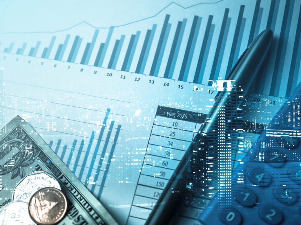 Decorative image of graphs, money, pen; weak growth